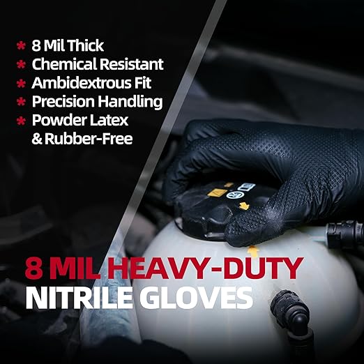 Jointown Basic Heavy Duty Nitrile Gloves, Mechanic Gloves 8 Mil Nitrile Disposable, with Raised Diamond Texture, Case of 500, Black, Large