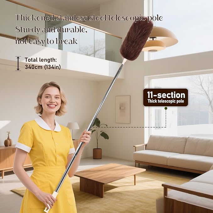 Extendable Lambswool Duster Stainless Steel Handle 133" Removable Feather Duster for Cleaning Ceiling Fans Interior Roof Furniture, Brown