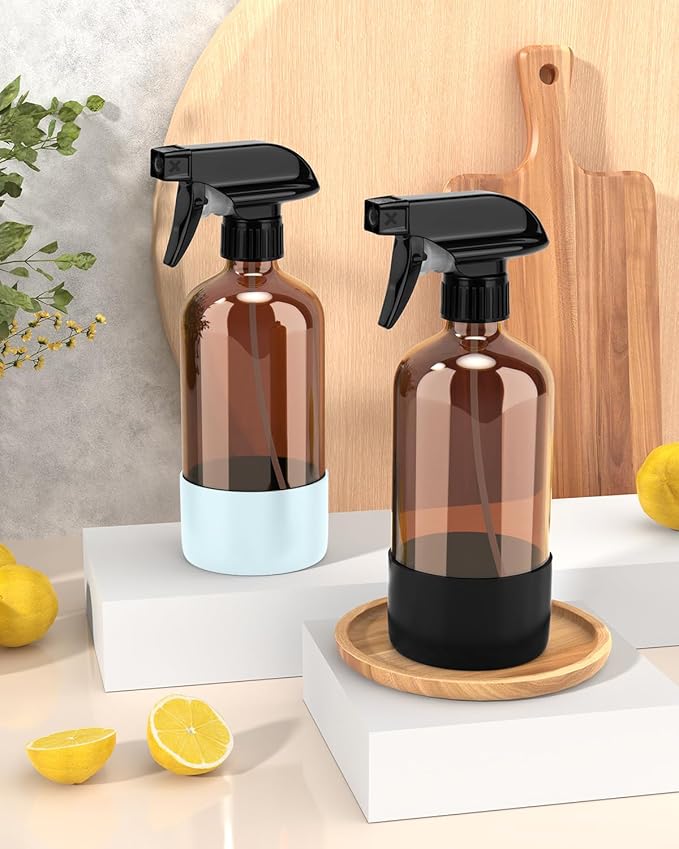 Glass Spray Bottle with Silicone Sleeve Protection, Amber Glass Spray Bottle Set for Window Cleaner Aromatherapy Facial Hydration Watering Flowers Hair Care 2 Pack/16 oz (Black & Blue, 16 oz)