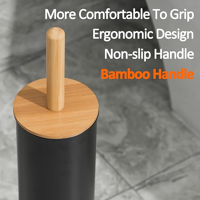 Toilet Bowl Brush and Holder, Toilet Brush with Bamboo Handle and Covered Holder, Dual Brush Options, Weighted Metal Base (Black)