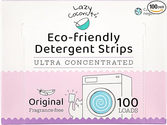 LAZY COCONUTS Eco Friendly, Plant Powered Laundry Detergent Strips - 100 Loads - Fragrance Free, Unscented, Ultra Concentrated, Earth Friendly No Plastic - Light, Perfect For Home, Travel, Camping