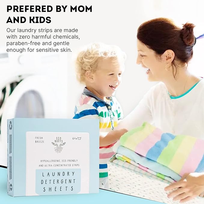 Eco Roots Laundry Detergent Sheets – 64 Loads Eco-Friendly Fresh Breeze Laundry Sheets, Travel Size, Biodegradable & Hypoallergenic – Zero-Waste Detergent Alternative