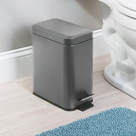 mDesign Small Modern 1.3 Gallon Rectangle Metal Lidded Step Trash Can, Compact Garbage Bin with Removable Liner Bucket and Handle for Bathroom, Kitchen, Craft Room, Office, Garage - Graphite Gray
