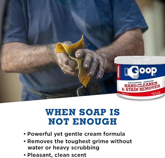 GOOP Multi-Purpose Hand Cleaner- Waterless Hand Degreaser, Laundry Stain Remover - NonToxic and Biodegradable Cleaner Remove Dirt, Oil, Paint, Ink, and Clothes Stains Original, 14oz Pack of 1