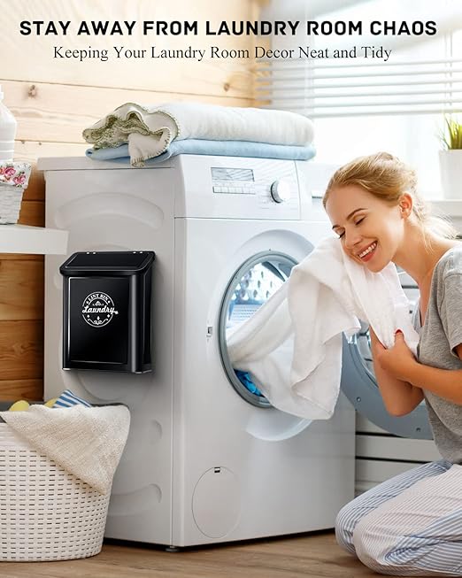 Magnetic Lint Bin for Laundry Room Organization and Storage with Brush, Wall-Mounted Laundry Dryer Lint Bin for Laundry Room Decor, Space-Saving Laundry Trash Can (Black)