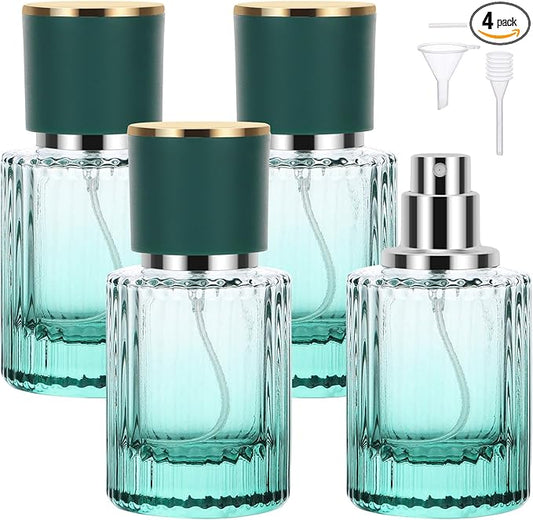 Segbeauty 1oz Empty Vintage Glass Perfume Bottles for Women, 4 Packs 30ml Refillable Perfume Atomizer for Travel, Small Cologne Spray Bottle, Green Travel Cologne Atomizer with Refill Tool for Men