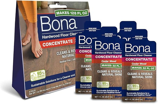 Bona Hardwood Floor Cleaner Concentrate, Cedar Wood Scent, 1 fl oz, Pack of 4 (Makes 128 fl oz) - Residue-Free Floor Cleaning Concentrate Spray Mop and Spray Bottle Refill - For Wood Floors