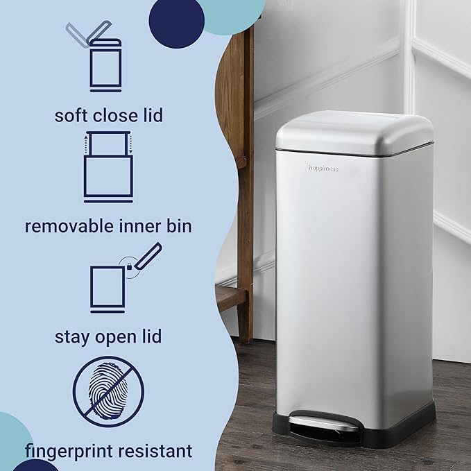 happimess HPM1007D Betty Retro 8-Gallon Step-Open Trash Can with Soft-Close Lid, Fingerprint Resistant, Modern, Minimalistic for Home, Kitchen, Laundry Room, Office, Bedroom, Bathroom, Chrome