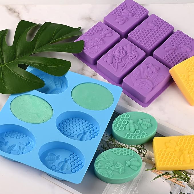 Sakolla 2 Pack 6 Cavity Bee Silicone Soap Molds Rectangle Oval Honeycomb Silicone Molds Loaf Handmade Molds for Soap Making Supplies DIY Wax Melts, Beeswax, Cake Chocolate Bakeware