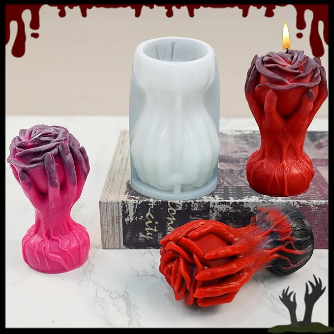 Hand Holding Rose Candle Mold, 3D Flower Silicone Mold for Candles Pillar Wax Plaster Epoxy Resin Craft Casting Gothic Home Décor Halloween Anniversary Birthday Handmade Gift