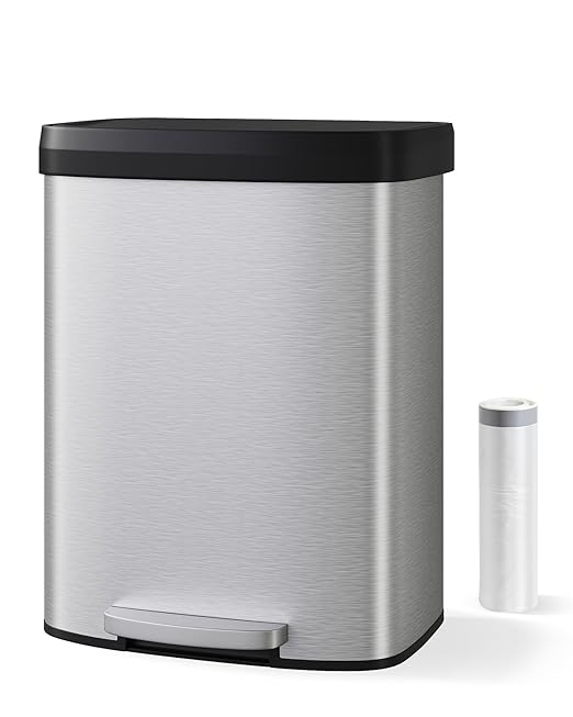 Garvee 16 Gallon / 60 Liter Stainless Steel Trash Can with Lid, Large Garbage Can for Kitchen, Rustproof Step-on Kitchen Metal Trash Bin with Liner Rim, Rear Handle, Soft Close Plastic Lid, Silver