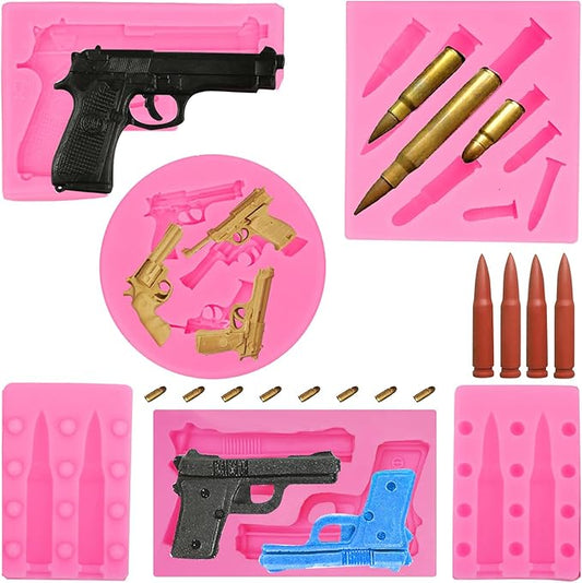 Gun Silicone Molds 3D Bullet & Pistol Shaped For Cake Decorating, Candy, Chocolate, DIY, Gummy, Desserts, Crafting, Cupcake Topper (5 Pcs)