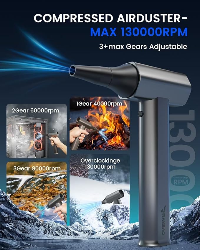 Compressed-Air-Duster-Mini-Blower-Turbo Fan, 130000RPM Electric air Duster, Metal Body Brushless 4 Gear High Speed, Cordless Jet Dry Blower for Computer Keyboard, Car, Home, Dust Removal