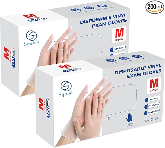 squish Disposable Gloves, 4 mil Clear Vinyl Gloves Latex Free Powder-Free Health Glove Cleaning Rubber Glove for Kitchen Cooking Cleaning Food Handling, 200PCS/Box, Medium