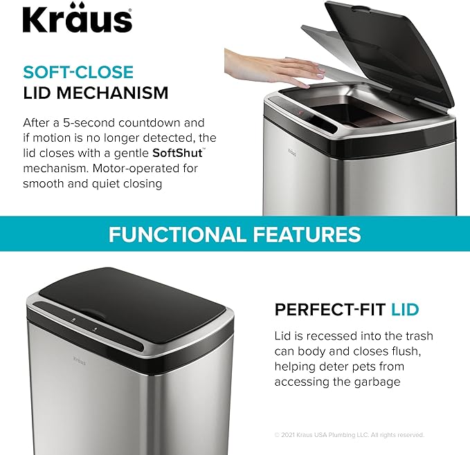 Kraus GarbagePro Rectangular 13 Gallon Hands-Free Motion Sensor Trash Can Battery Operated in Fingerprint Resistant Stainless Steel Finish with SoftShut Touchless Lid, KTCS-10SS