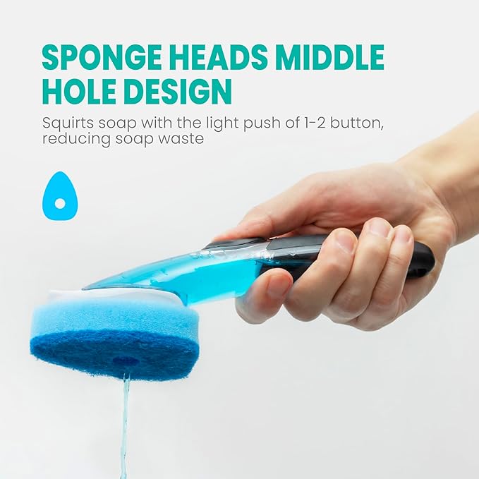 HELIME Dishwand Handle with Sponge Refills,5 Heavy Duty Dish Wand Refill with Hole,Non-Scratch Dishwashing Brush with Soap Control Dispenser, Leak-Proof Kitchen Scrubber for Pans,Dishes,Scrub Clean
