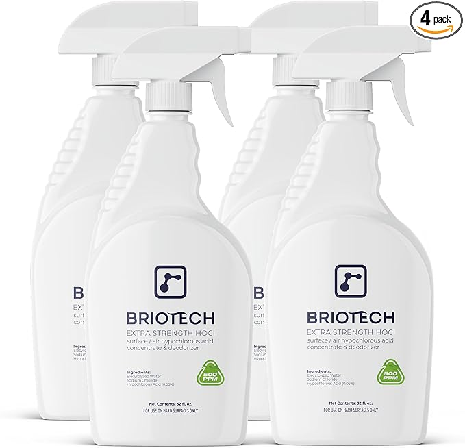 BRIOTECH Extra Strength HOCl Cleaner, 500 PPM Hypochlorous Acid Concentrate, ULV Foggers & Humidifiers, Professional Deodorizer for Dental, Offices, Schools, Homes, Peroxide Free, 32 fl oz (4 Pack)