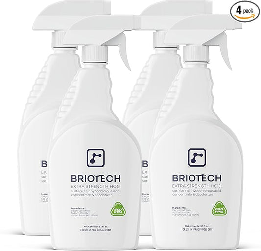 BRIOTECH Extra Strength HOCl Cleaner, 500 PPM Hypochlorous Acid Concentrate, ULV Foggers & Humidifiers, Professional Deodorizer for Dental, Offices, Schools, Homes, Peroxide Free, 32 fl oz (4 Pack)