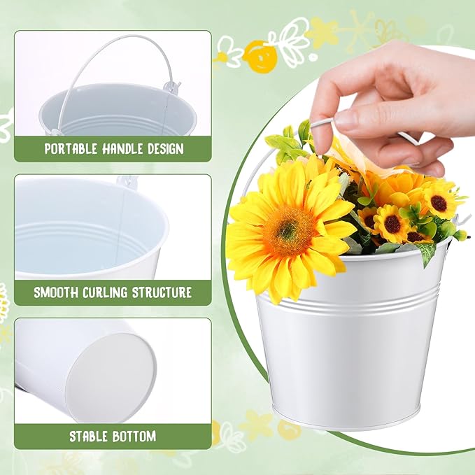 Rtteri 24 Pcs Metal Bucket 5 x 3.5 x 4.7 Inch Mini Party Buckets for Flower Pot Plant Basket Iron Small Metallic Pails with Handle for Container Candy Snack Crafts Vase Party Favors(White)