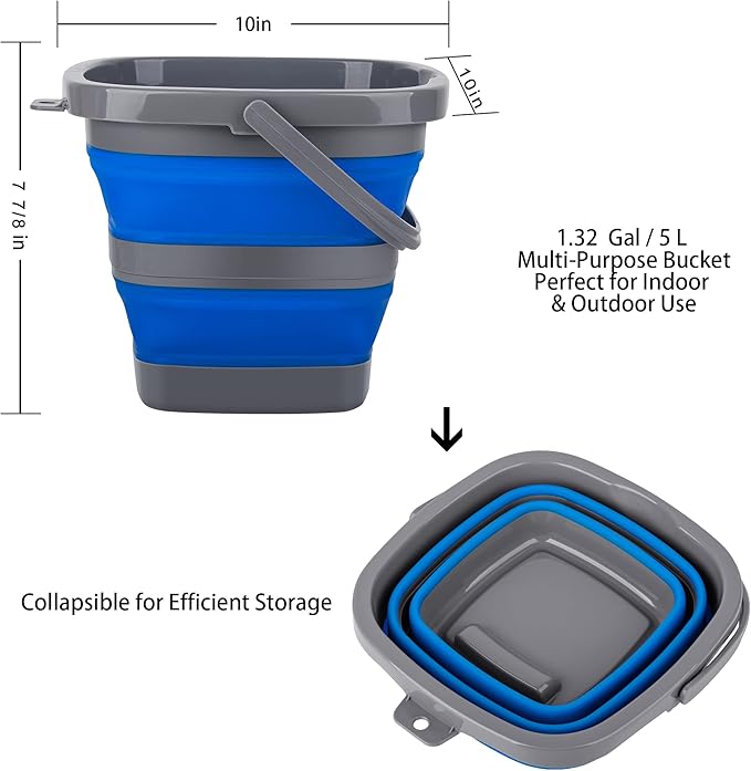 2 Pack Collapsible Plastic Bucket with 1.32 Gallon (5L) Each, Foldable Rectangular Tub for House Cleaning, Space Saving Outdoor Waterpot for Garden or Camping, Portable Fishing Water Pail
