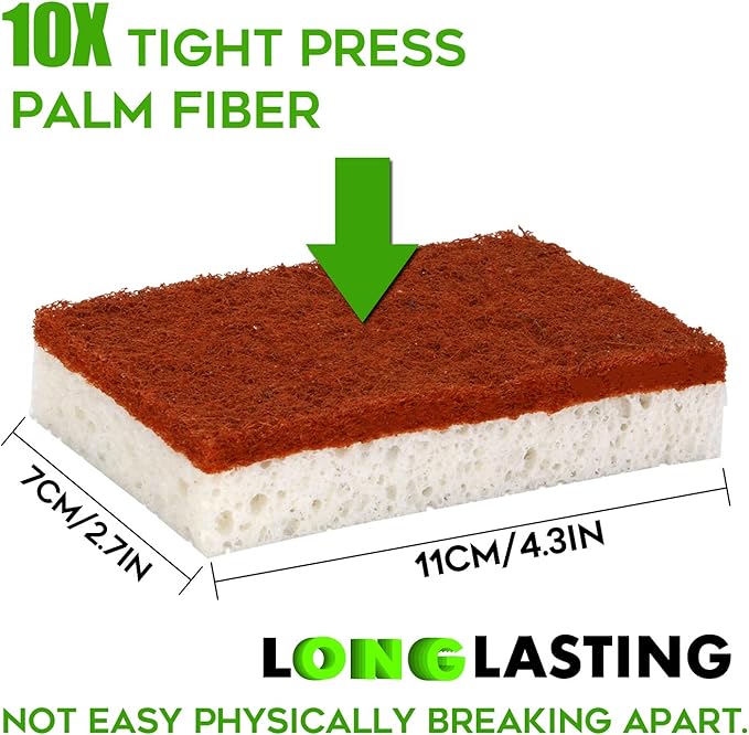 Natural Plant Based Scrub Sponge 12 Pack, Palm Fiber Scrubbing Sponge with Non Scratch Biodegradable Compostable Sponges,Long Lasting No Smell Dishwashing Kitchen Scrubber