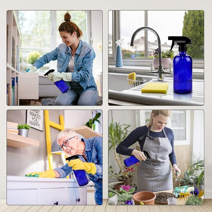 Glass Spray Bottles, 16oz*2+4oz*2+2oz*4 Refillable Containers, Empty Boston Round Bottles with Adjustable Nozzle for Cleaning, Gardening, Aromatherapy, Pets, Plant, Hair - Blue
