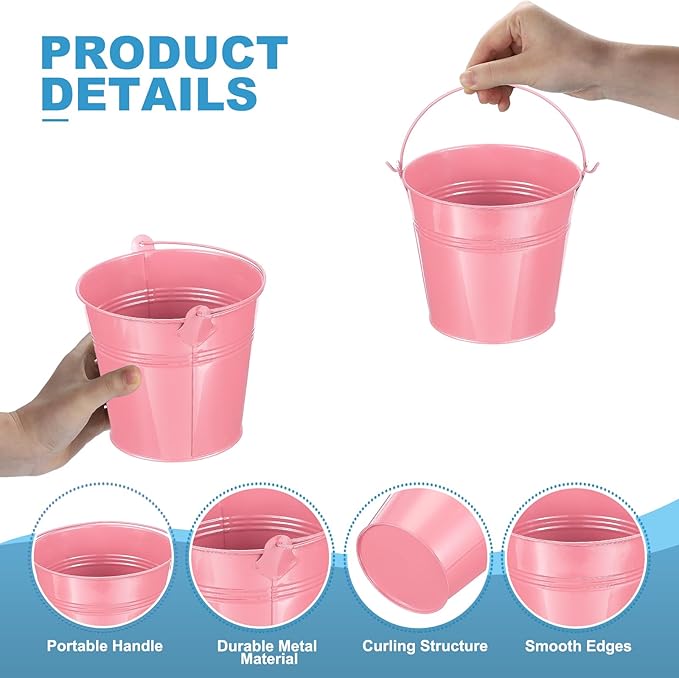 PATIKIL 5.1"x4.7" Small Metal Buckets with Handle, 12 Pcs Mini Galvanized Bucket Colorful Easter Buckets for Crafts Party Favors Decoration, Pink