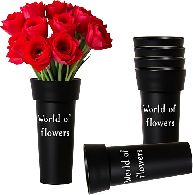 VITAGIR. Set of 6 Buckets for Cut Flowers in Plastic Black Matte Color 14 Inch, Flower Buckets for Flower Bar Ideal for Displaying Flowers in Florist Shop or as Home. (Black)