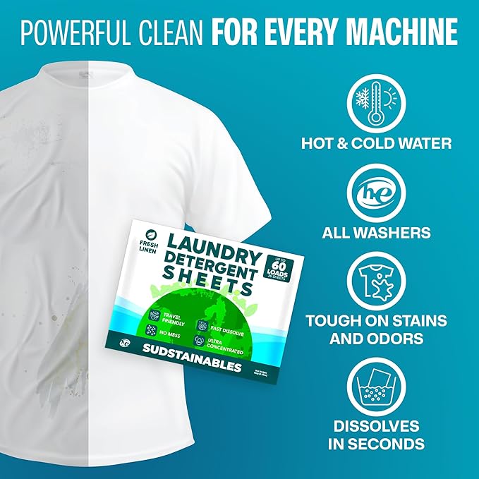 Sudstainables Laundry Detergent Sheets 60 Loads – Dissolvable Laundry Sheet for Washing Machines, Compact Alternative to Liquid & Powder Detergent, Travel-Friendly Soap | Fresh Linen