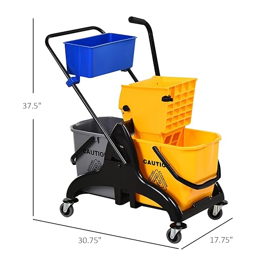 HOMCOM 2 x 6.9 Gallon Mop Water Bucket Wringer Cart with Easy to Use Side Press Wringer, Smooth Wheels, Mop-Handle Holder