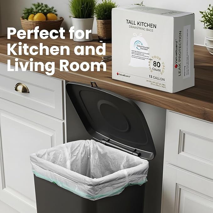 Large Trash Bag 13 Gallon Tall Drawstring 100% Post-Consumer Recycled Garbage Bag Waste Bag for Kitchen Office