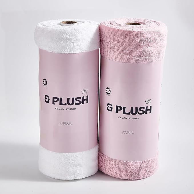 & PLUSH Microfiber Cleaning Cloth Roll - 70 Pack, Tear Away Microfiber Towels, 12" x 12", Reusable, Washable, Streak Free, Ultra Absorbent Dish Rags for Car, Home, Garage or Shop (Pink and White)