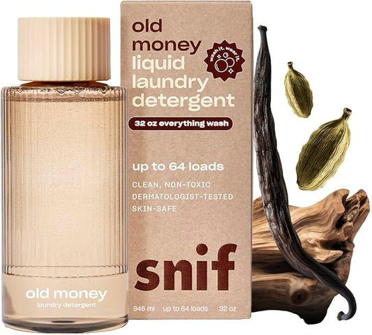 Snif Old Money Laundry Detergent, Rich and Cozy Scent, 64 Loads, Non-Irritating to Skin, Clean, Non-Toxic, Vegan, Cruelty Free, 32oz