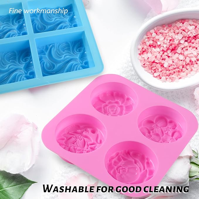 Sakolla 2 Pack Silicone Soap Molds, 4 Cavities Rectangle Wave and Round Flower Silicone Molds for Handmade Soap, Candle and Mousse Cake