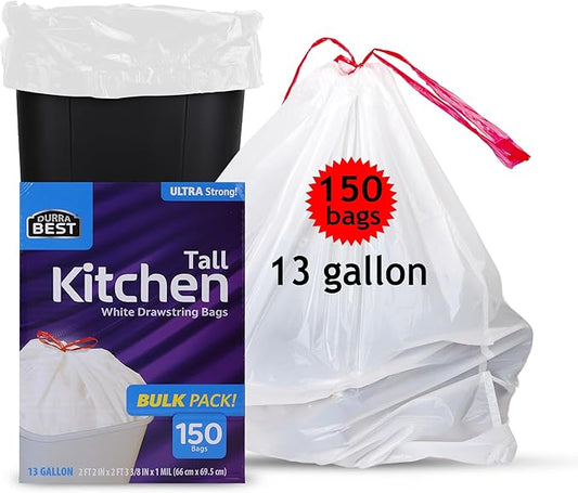 Heavy-Duty 1 Mil 13 Gallon White Trash Bags (150 Count) - Drawstring, Leak-Resistant for Home & Commercial Use