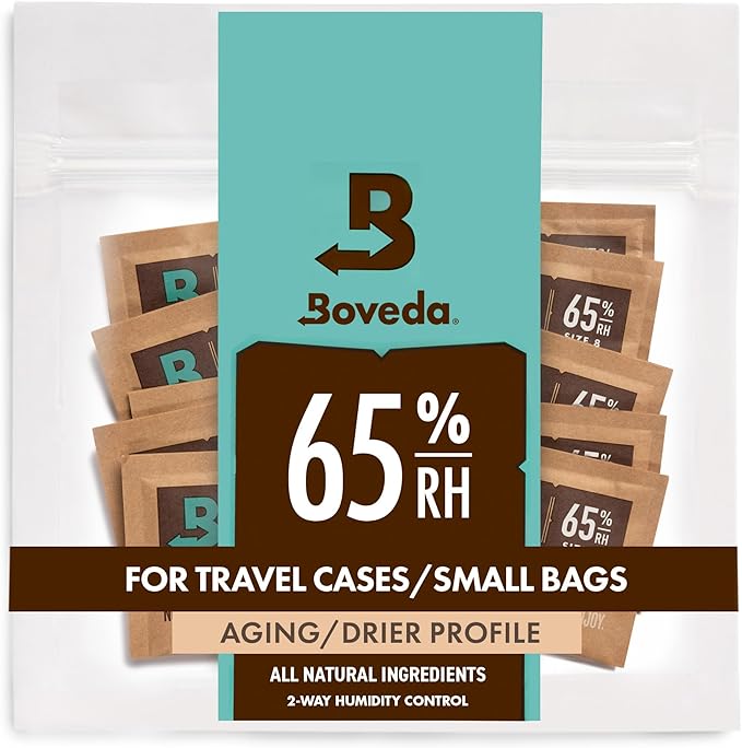 Boveda 65% Two-Way Humidity Control Packs for Storing Up to 5 Items – Size 8 – 10 Pack – For Small Travel Boxes – Moisture Absorbers – Humidifier Packs – Hydration Packets in Resealable Bag