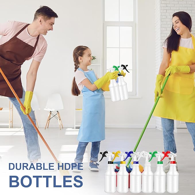 Zubebe 24 Pack 32 oz Plastic Spray Bottle Bulk Empty Leakproof Heavy Duty Spray Bottles for Cleaning Supplies Mist Bottles with Label and Adjustable Nozzle for Plant(Multicolor A,Clear Scale)