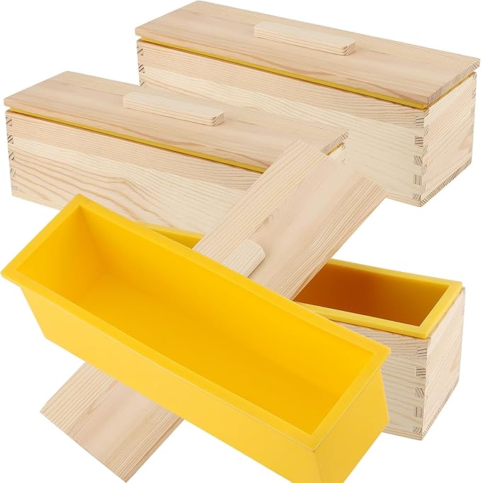 ZOENHOU 3PCS 42oz Soap Molds, Yellow Flexible Rectangular Silicone Soap Making Molds Kit with Wood Box DIY Tool Set for Soap Making Supplies