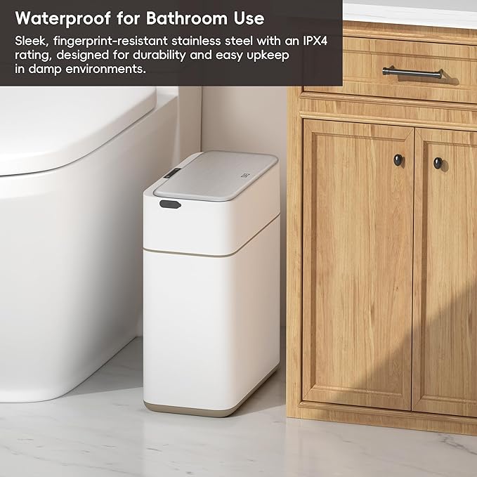 EKO Automatic Bathroom Trash Can with Lid, 2.1 Gallon Touchless Garbage Bin with Removable Bucket, Slim Stainless Steel Garbage Bin, Motion Sensor Trash Can for Bathroom, Bedroom, Office, White
