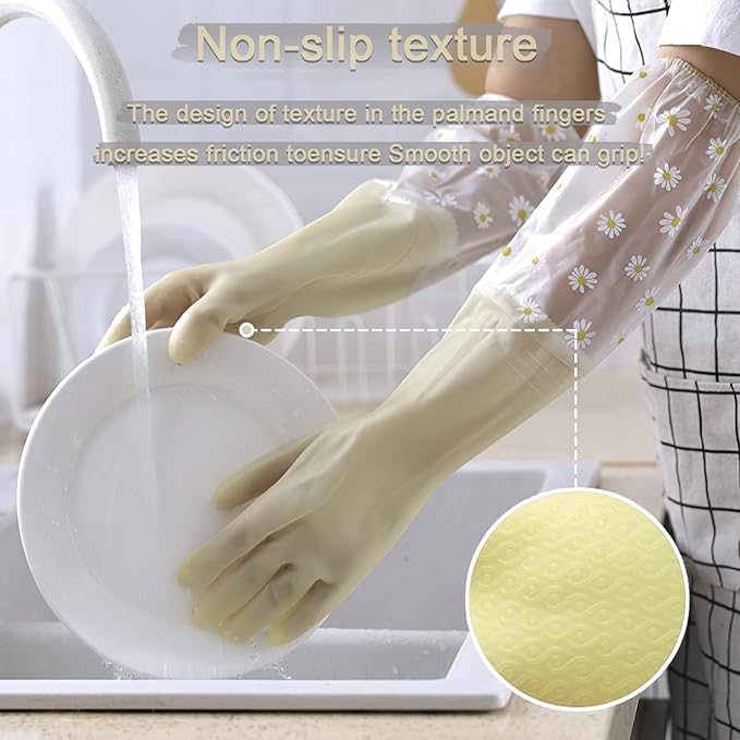 KAQ Dishwashing Cleaning Gloves 3 Pairs-Reusable Rubber Gloves Non-Slip Laundry Kitchen Gardening Household Gloves(Long Cuff)