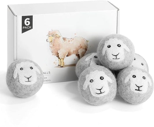 Wool Dryer Balls 6 Pack, Natural Fabric Softener, Dryer Balls Laundry Reusable, Reduces Clothing Wrinkles and Saves Drying Time (Gray)