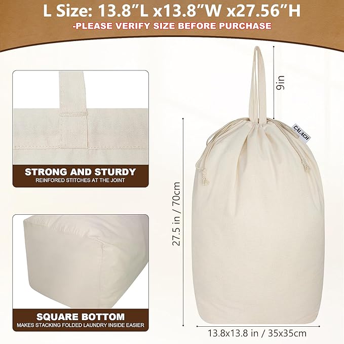 Canvas Laundry Bags with Handles & Square Base13.8"x 13.8", Large Heavy Duty Laundry Basket Hamper Liner, College Dorm Washable Drawstring Cotton Dirty Clothes Bag (Beige,2 Pack)