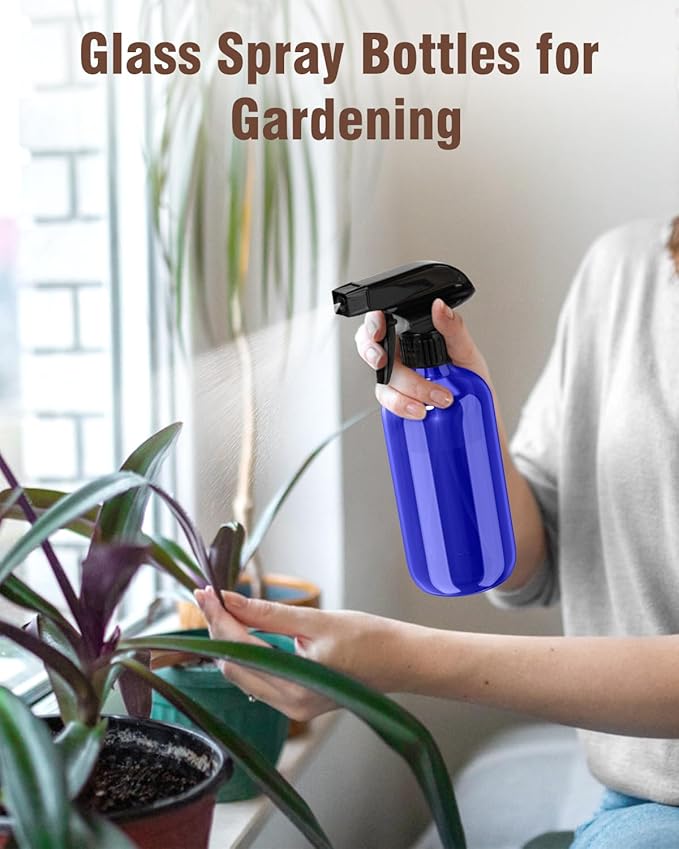 Glass Spray Bottle, Blue Glass Spray Bottle Set & Accessories Refillable for Plants Window Cleaners Aromatherapy Facial Hydration Watering Flowers Hair Care (2 Pack/8 oz) (Blue)