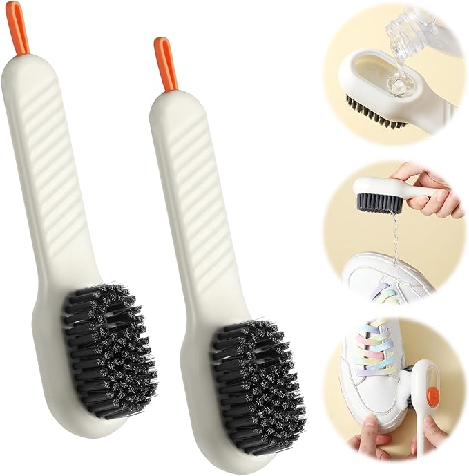 2 Pcs 2 in 1 Multifunction Cleaning Brush Shoe Laundry Brush Liquid Box Soap Dispenser Scrub Brushes for Cleaning Liquid Adding Soft Brushes Hooks for Washing Clothes Household Bathroom Kitchen
