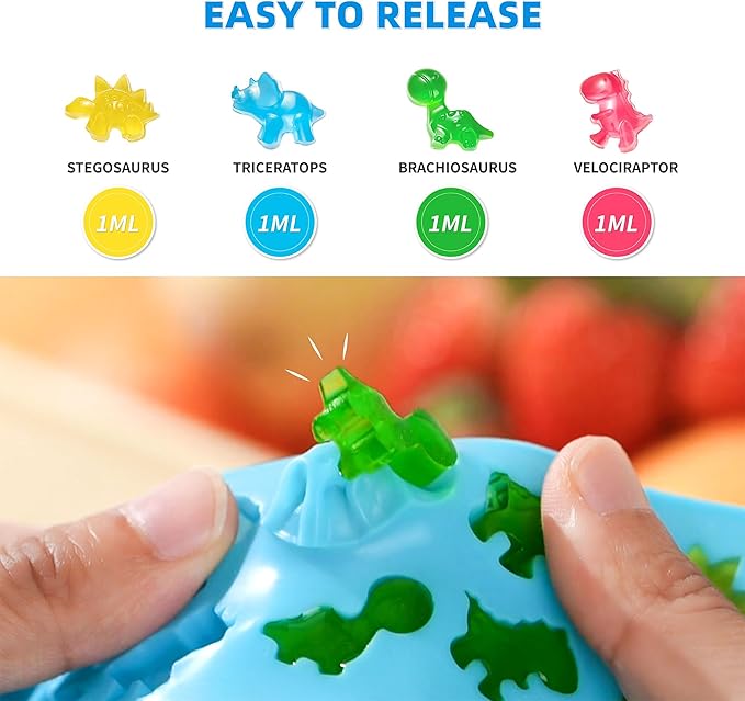 Dinosaur Silicone Molds 4 PCS, Non-stick Mini Size Candy Gummy Molds with 2 Droppers, BPA Free Food Grade Silicone Molds, Chocolate Molds