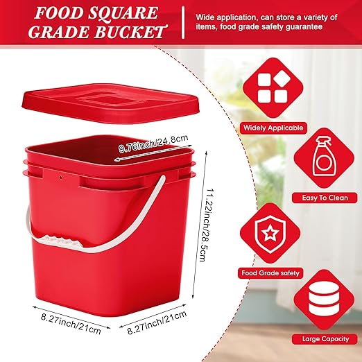 Mumufy 5 Pcs 3.5 Gallon Square Food Grade Bucket with Lid Square Bucket Pail with Plastic Handles for Storing Dry Food, Charcoal, Camping, Fishing (Red)