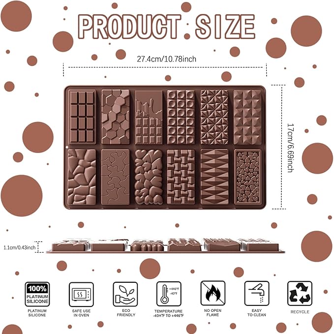 2Pcs Chocolate Bar Mold，12 Cavities Non-Stick Chocolate for Stuffed Pistachio Bars， Silicone Molds For Baking，Break Apart Candy Molds for Cake Decorations