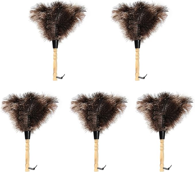 Ostrich Feather Duster 14 inch Fluffy Natural Genuine Ostrich Feathers with Wooden Handle and Eco-Friendly Reusable Handheld Ostrich Feather Duster for Cleaning Supplies(5PCS)
