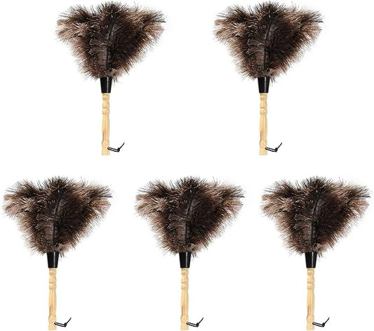Ostrich Feather Duster 14 inch Fluffy Natural Genuine Ostrich Feathers with Wooden Handle and Eco-Friendly Reusable Handheld Ostrich Feather Duster for Cleaning Supplies(5PCS)