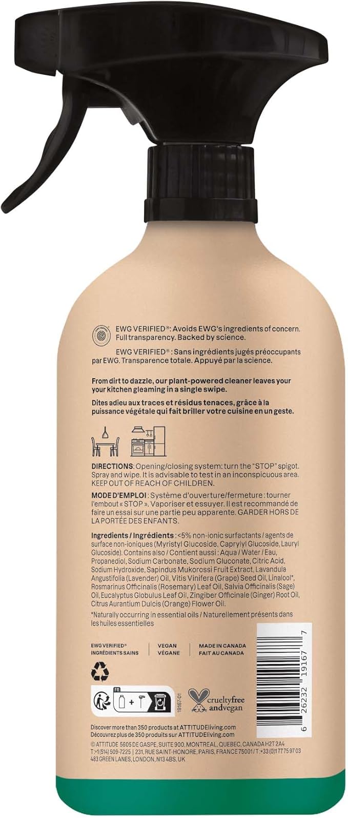ATTITUDE Kitchen Cleaner Spray, Natural Origin Ingredients, EWG Verified, Cleans and Degreases, Streak-Less, Lavender & Rosemary, 26 Fl Oz (Pack of 3)